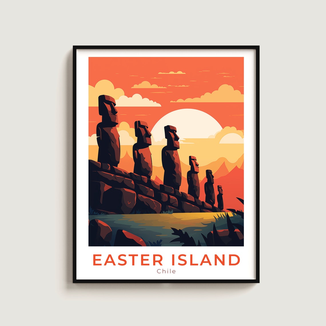 Easter Island Chile Moai Stone Statues Sunset Ocean View Poster