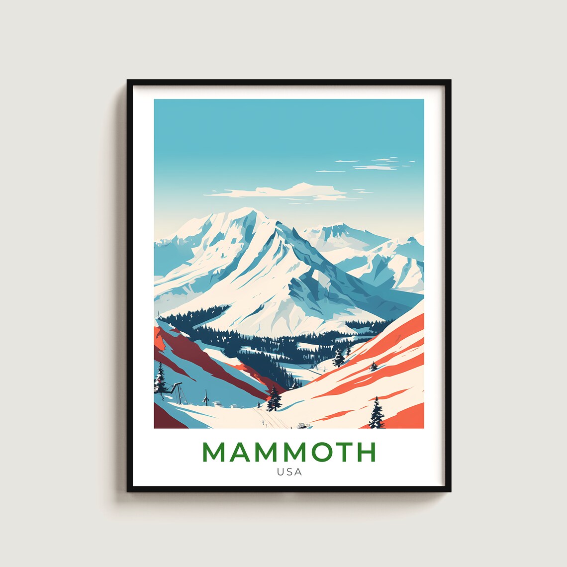 Mammoth USA Bold Striped Ridges Chairlift Ski Resort Travel Poster