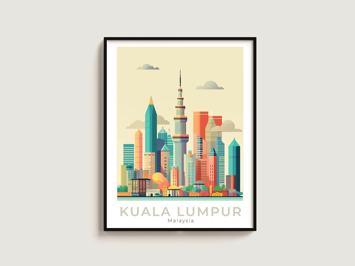Kuala Lumpur Malaysia City Skyline Day Vintage Travel Poster