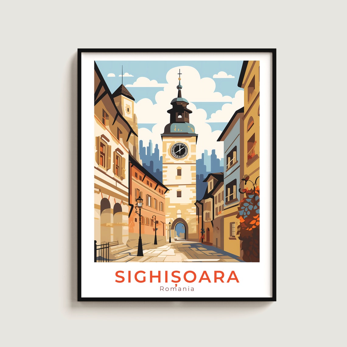 Sighisoara Romania Medieval Clock Tower Cobblestone Street Poster