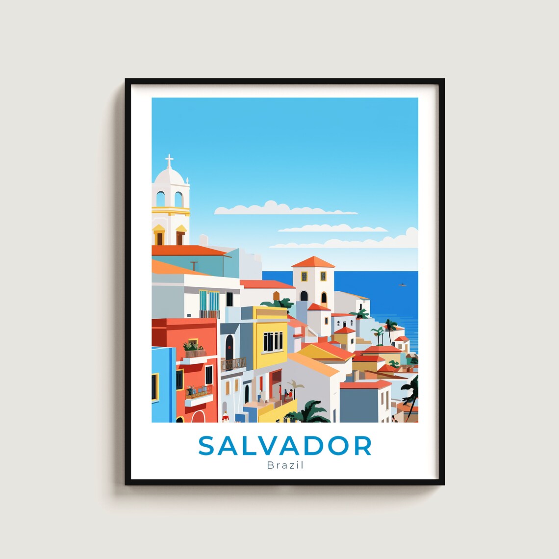 Salvador Brazil Hillside Colonial Town Ocean View Retro Travel Poster