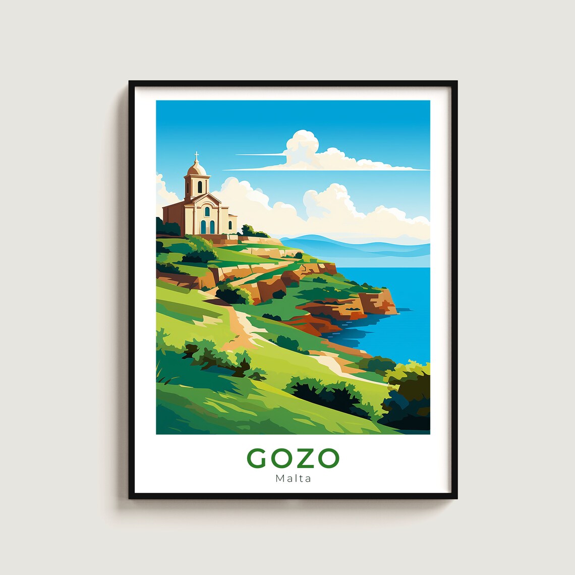 Gozo Malta Coastal Cliffs Church Over Sea View Travel Poster