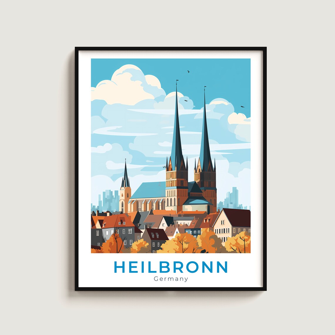 Heilbronn Church Twin Spires Autumn Travel City Poster Art Gift
