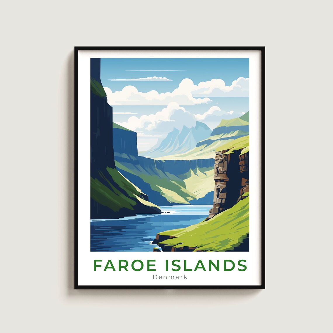 Faroe Islands Denmark Dramatic Green Cliff Fjord Travel Poster