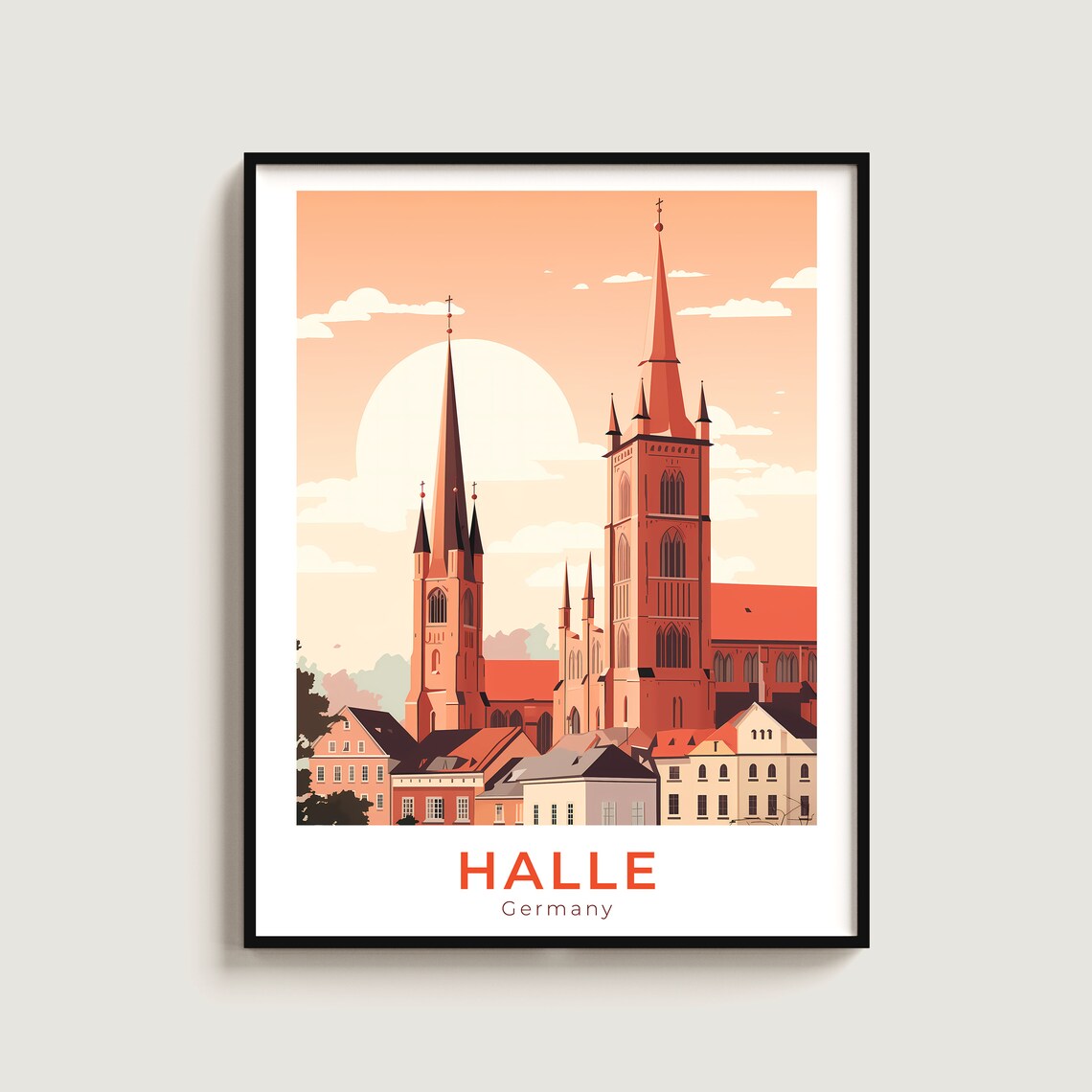 Halle Germany Red Church Towers Sunset Skyline Travel Poster