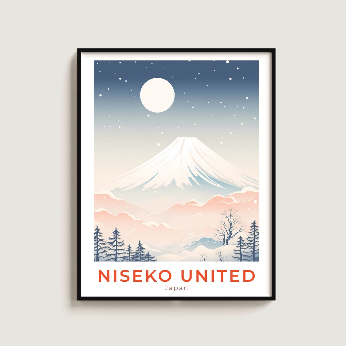 Niseko United Japan Moonlit Volcano Pink Clouds Ski Travel Poster