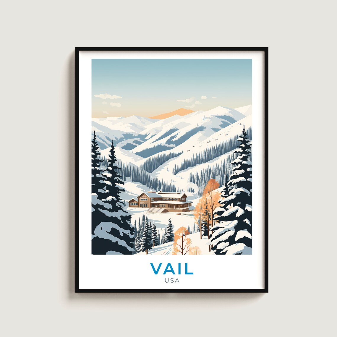 Vail USA Wooden Lodge Snowy Pines Mountain Ski Travel Poster