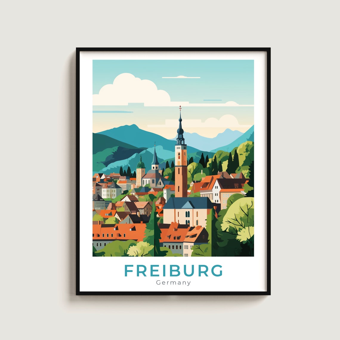 Freiburg Germany Panoramic Hillside Old Town Rooftops Travel Poster