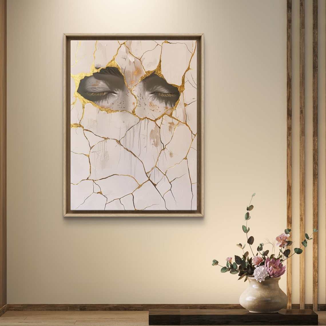 Golden Kintsugi Art Closed Eyes Cracked Porcelain Healing Wall Poster