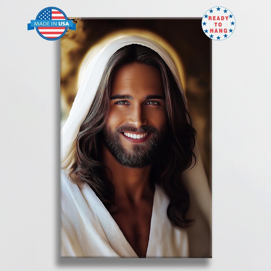 Smiling Jesus Christ Portrait With Soft Halo Close Up Poster