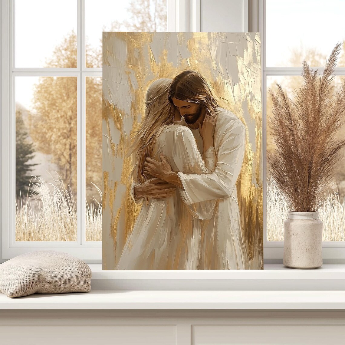 Jesus Embracing Blonde Woman Against Shimmering Gold Leaf Poster - Image 7