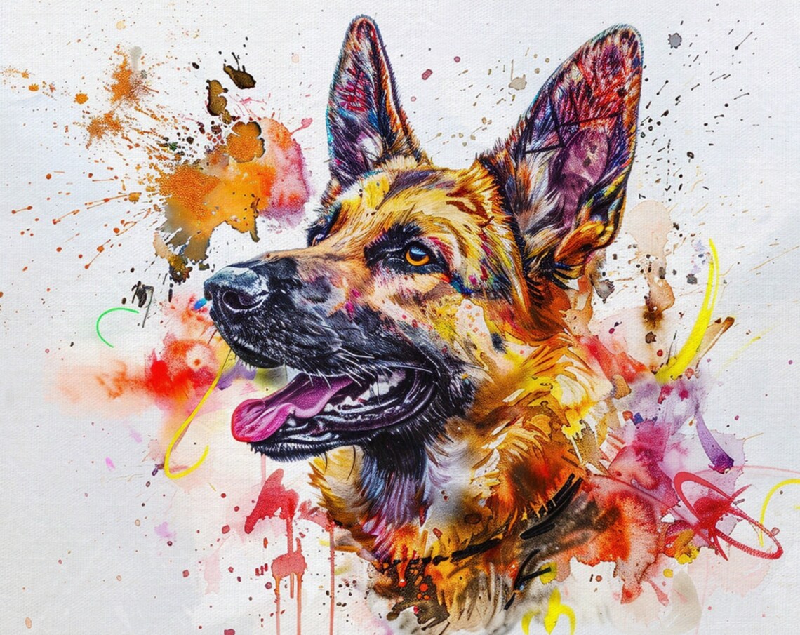 Smiling German Shepherd Watercolor Splash Dog Head Profile Poster