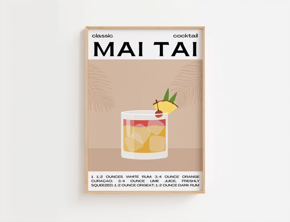 Mai Tai Classic Tiki Cocktail Recipe Print with Tropical Drink Art