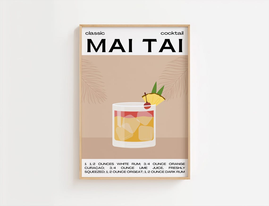 Mai Tai Classic Tiki Cocktail Recipe Print with Tropical Drink Art
