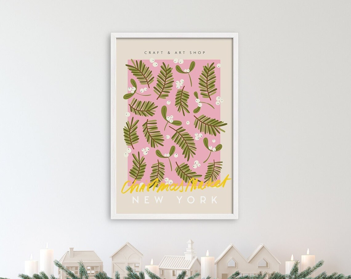New York Christmas Market Pink Botanical Fern Vintage Travel Poster