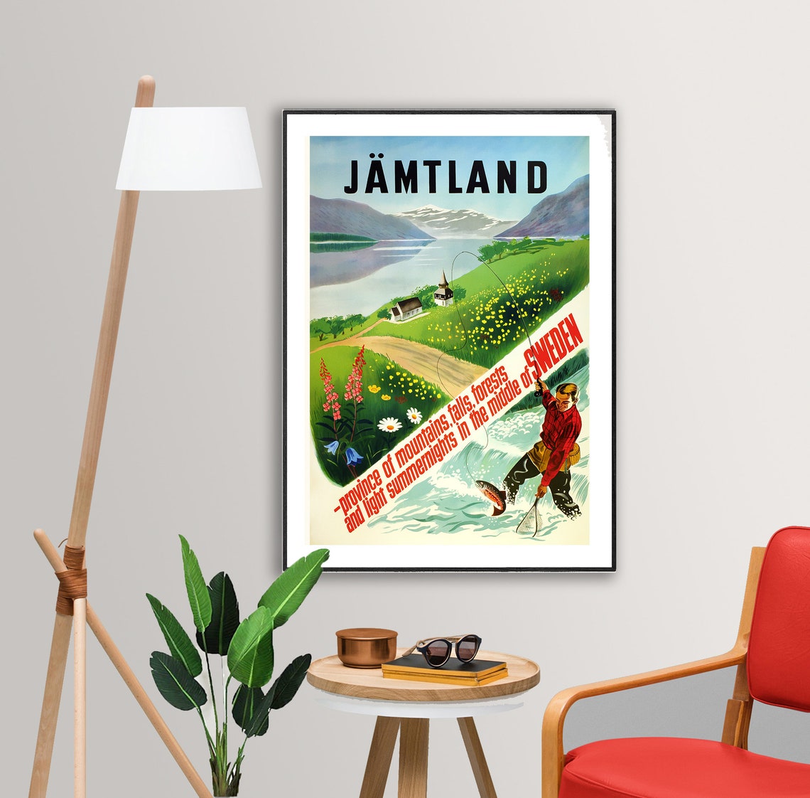 Jämtland Sweden Vintage Travel Poster Mountains Falls and Midnight Sun