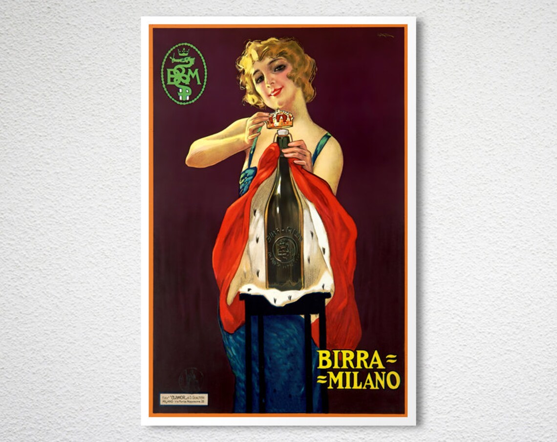Birra Milano Italian Beer Queen Vintage Art Deco Advertising Poster - Image 2