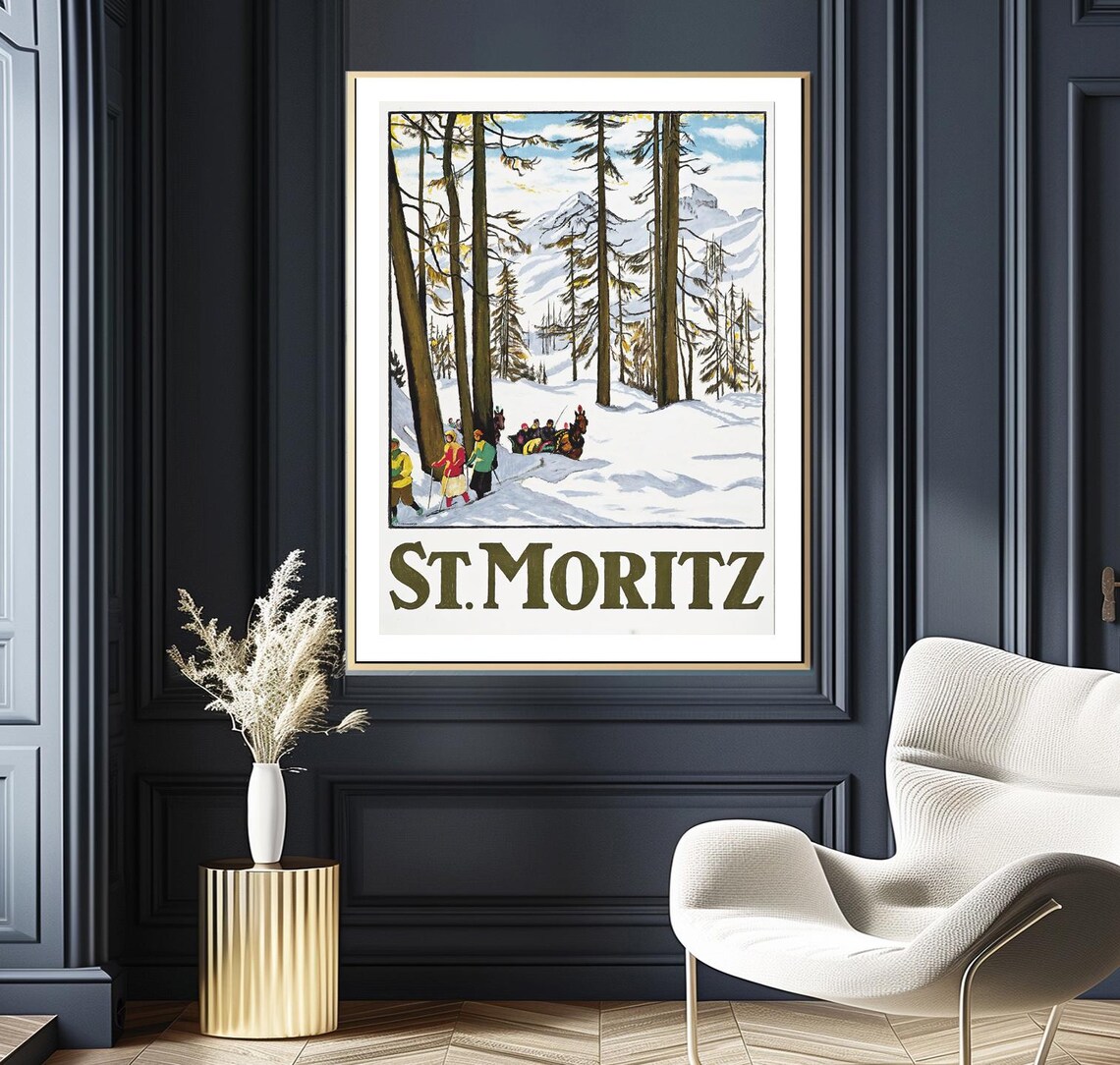 St Moritz Suisse Vintage Ski Travel Poster - Image 2