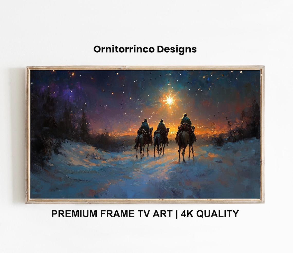 Three Wise Men Horses Starry Night Sky Christmas Watercolor Oil Painting Poster - Image 3