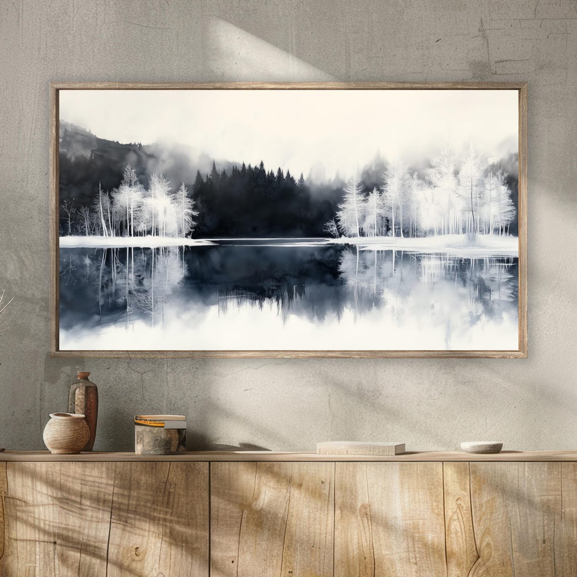 Black White Winter Lake Trees Watercolor Monochrome Nature Poster - Image 2
