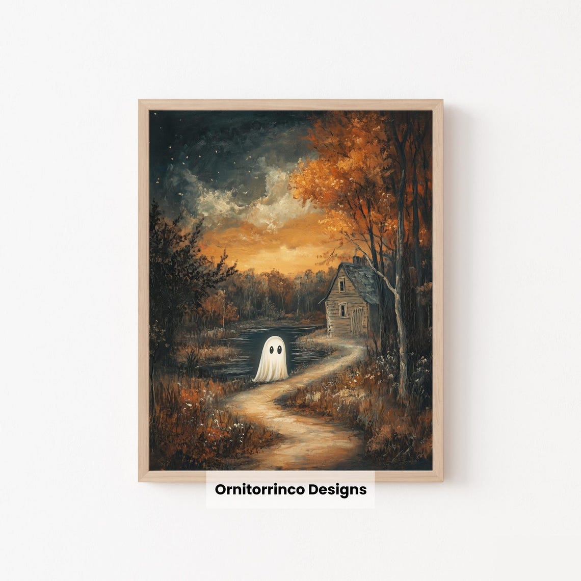 Lonely Ghost Riverside Cabin Path Dusk Spooky Autumn Art Print Poster - Image 2