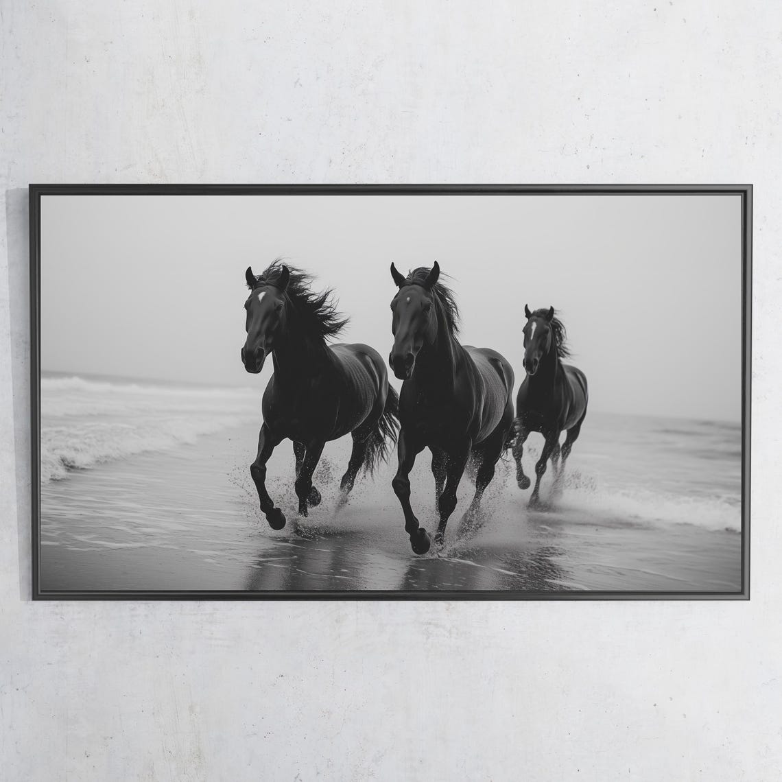 Black Horses Galloping Beach Black White Western Wall Art Print Poster - Image 3