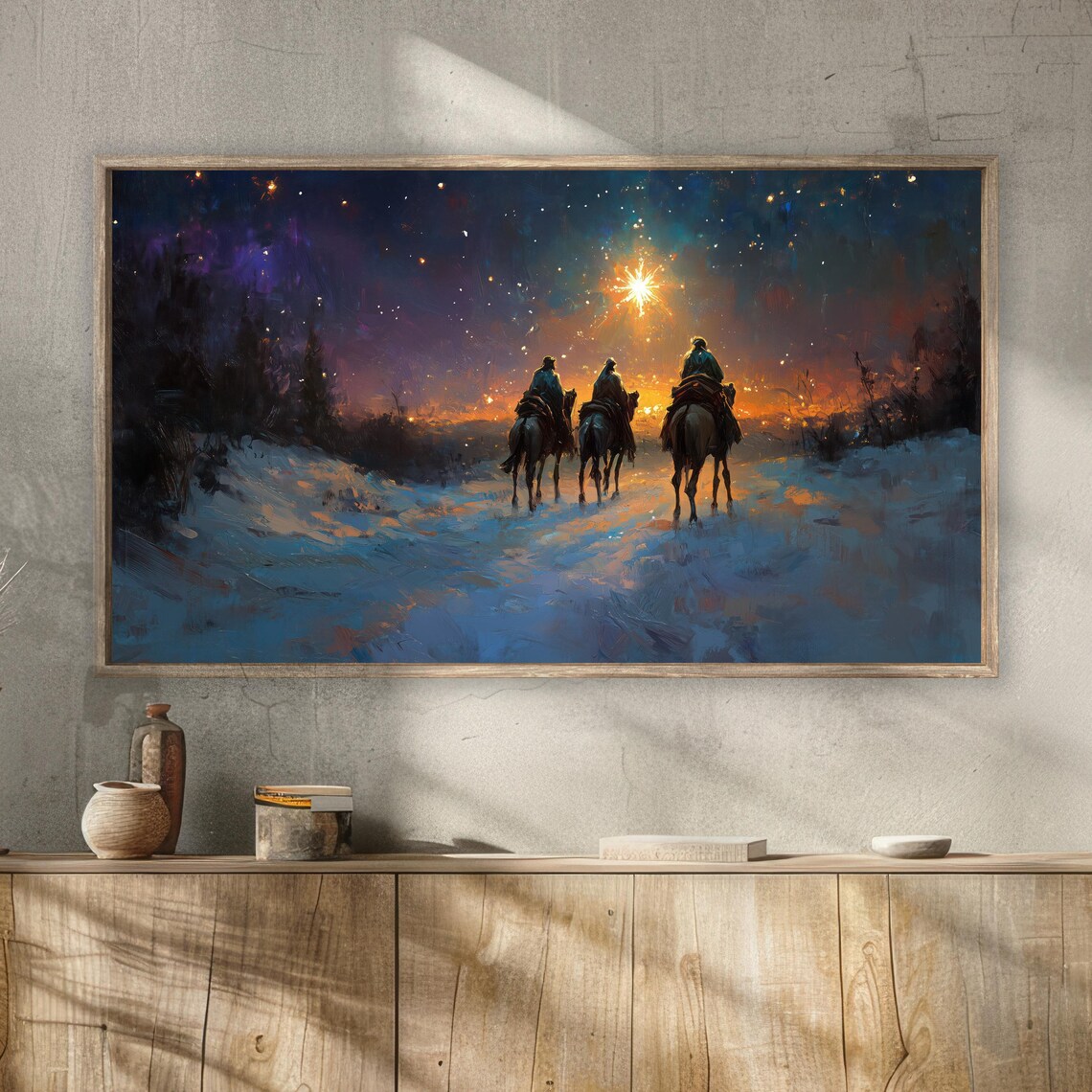 Three Wise Men Horses Starry Night Sky Christmas Watercolor Oil Painting Poster - Image 2
