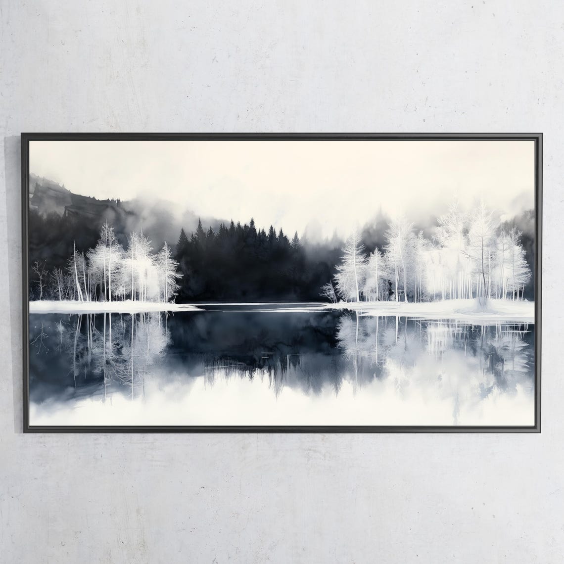 Black White Winter Lake Trees Watercolor Monochrome Nature Poster - Image 3