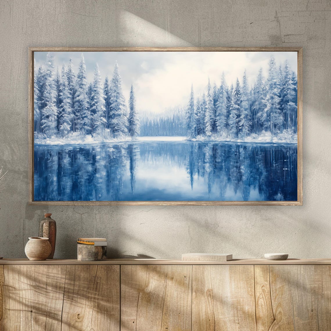 Winter Pine Forest Snowy Lake Mirror Reflection Blue Travel Poster - Image 2