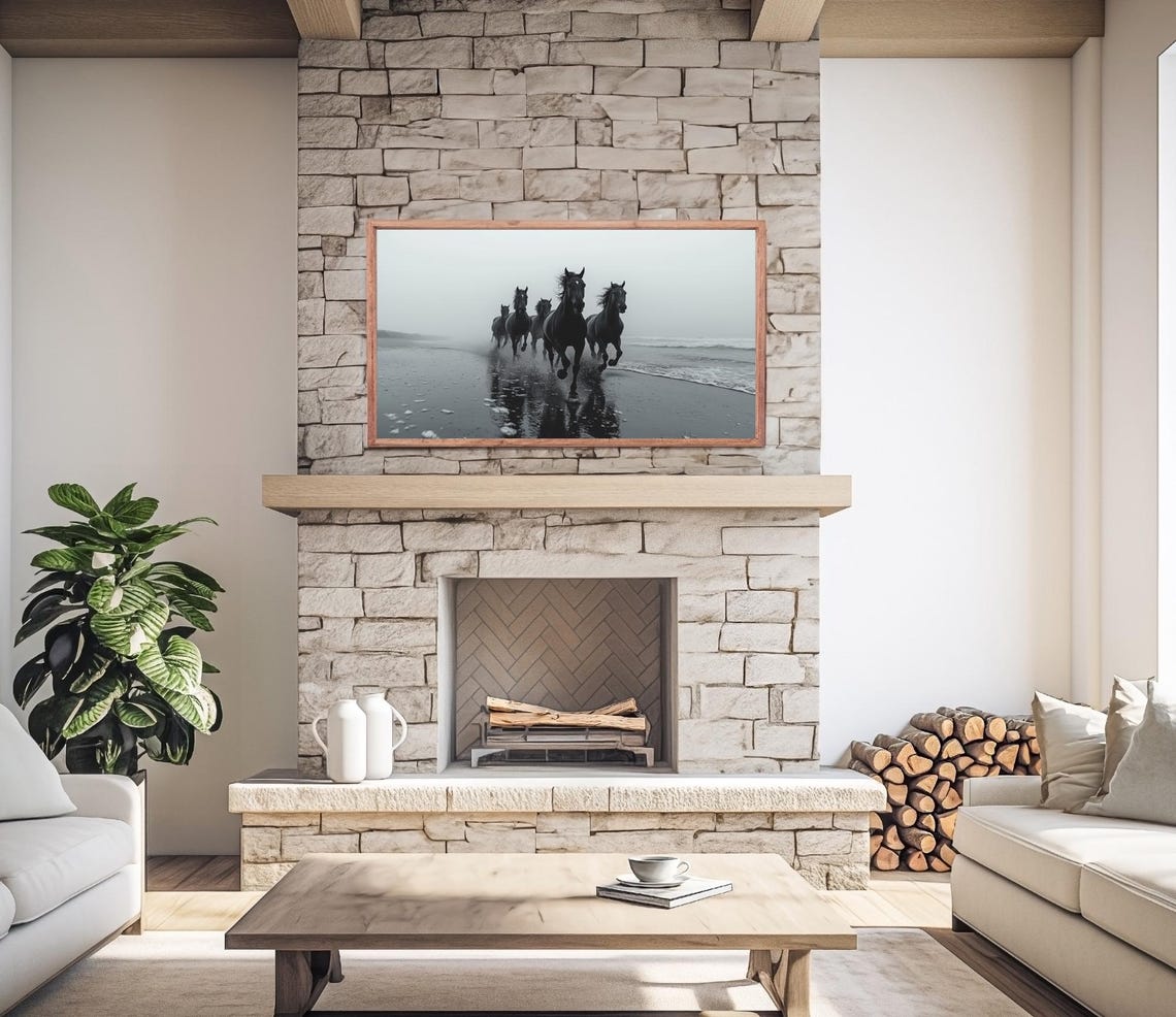 Wild Black Horses Galloping Beach Waves Black and White Travel Poster - Image 2