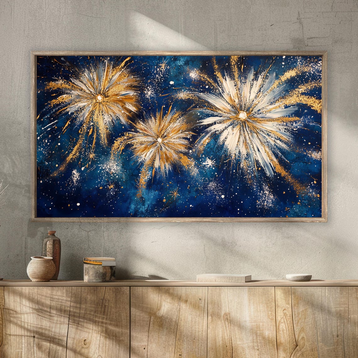 Gold White Fireworks Deep Blue Night Sky Festive Painting Poster - Image 2
