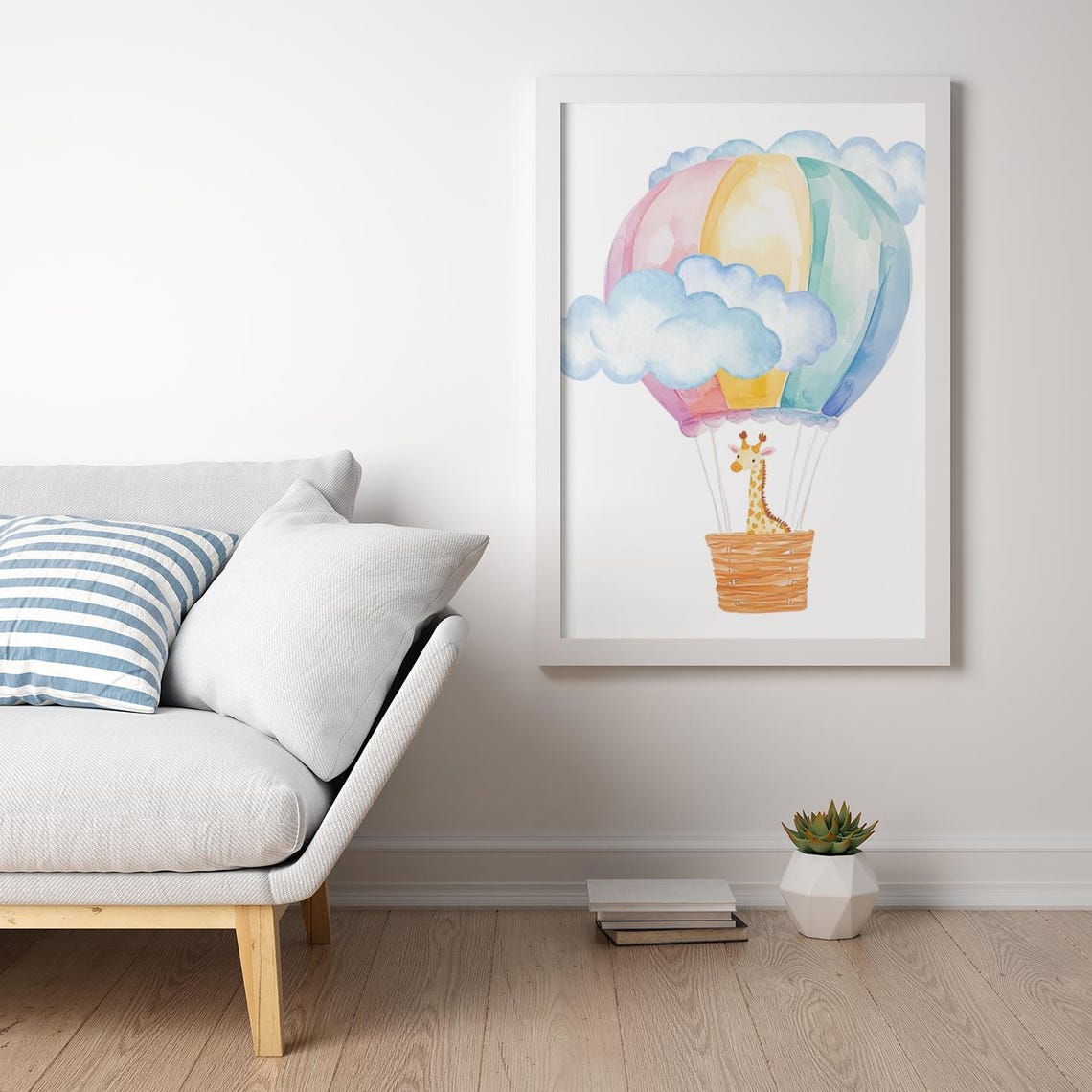 Rainbow Hot Air Balloon With Giraffe Among Clouds Nursery Poster - Image 2