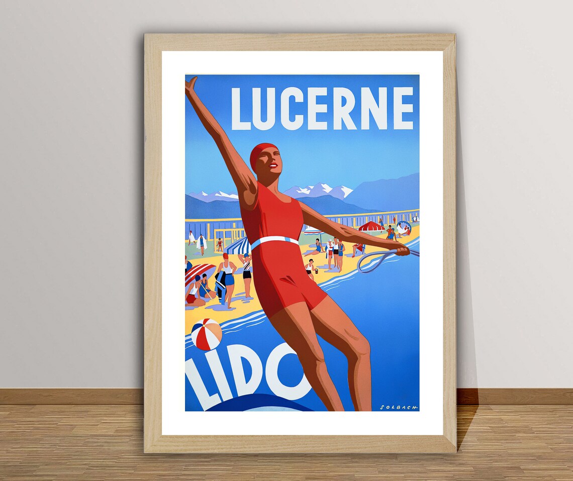 Lucerne Lido Swiss Lake Diving Swimmer Vintage Travel Poster - Image 2