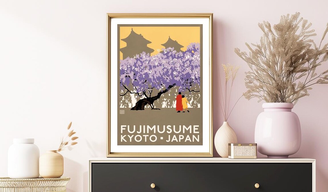 Fujimusume Kyoto Japan Vintage Style Travel Poster Wisteria and Temple