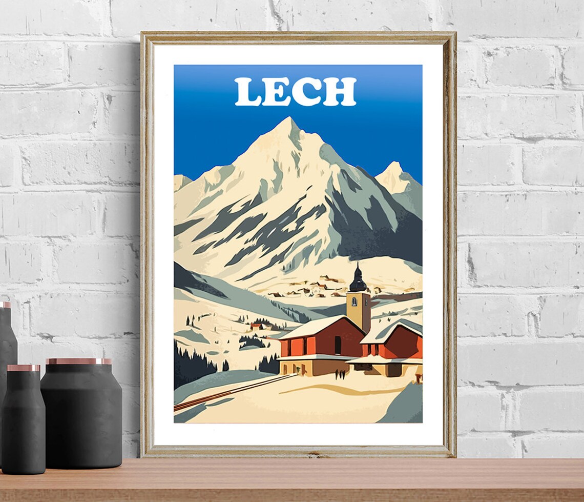 Lech Village Church Snowy Mountain Peak Vintage Austrian Winter Poster - Image 2
