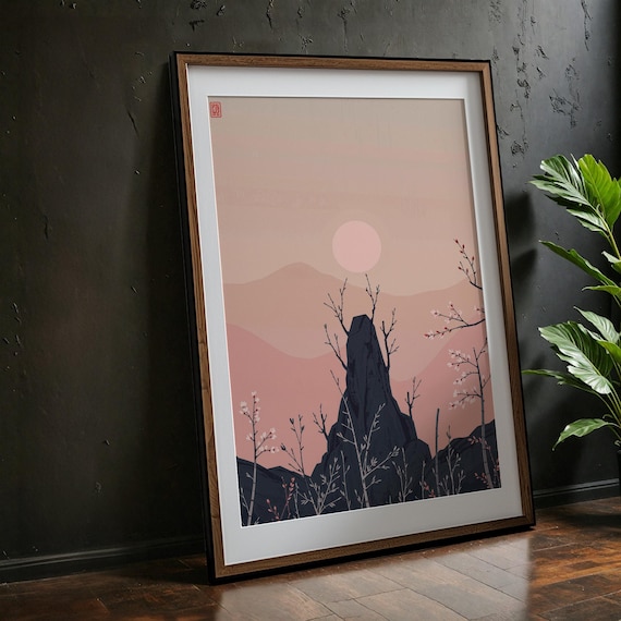 Minimalist Japanese Mountain Zen Blush Moon Cherry Blossom Art Print
