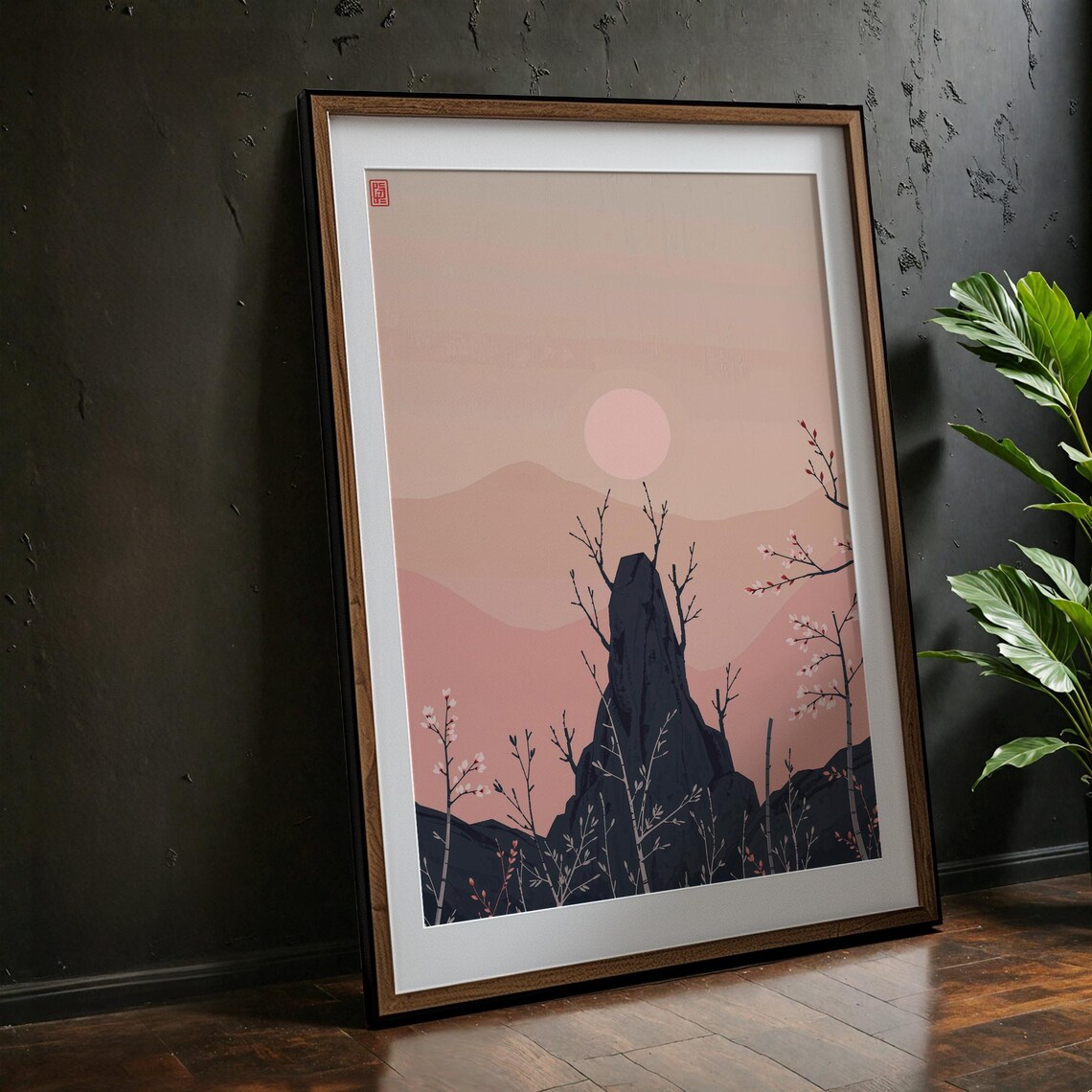 Minimalist Japanese Mountain Zen Blush Moon Cherry Blossom Art Print