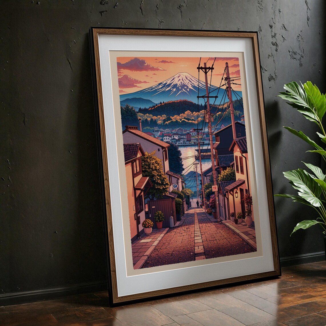 Mount Fuji Sunset Japanese Street Evening Glow Traditional Art Poster