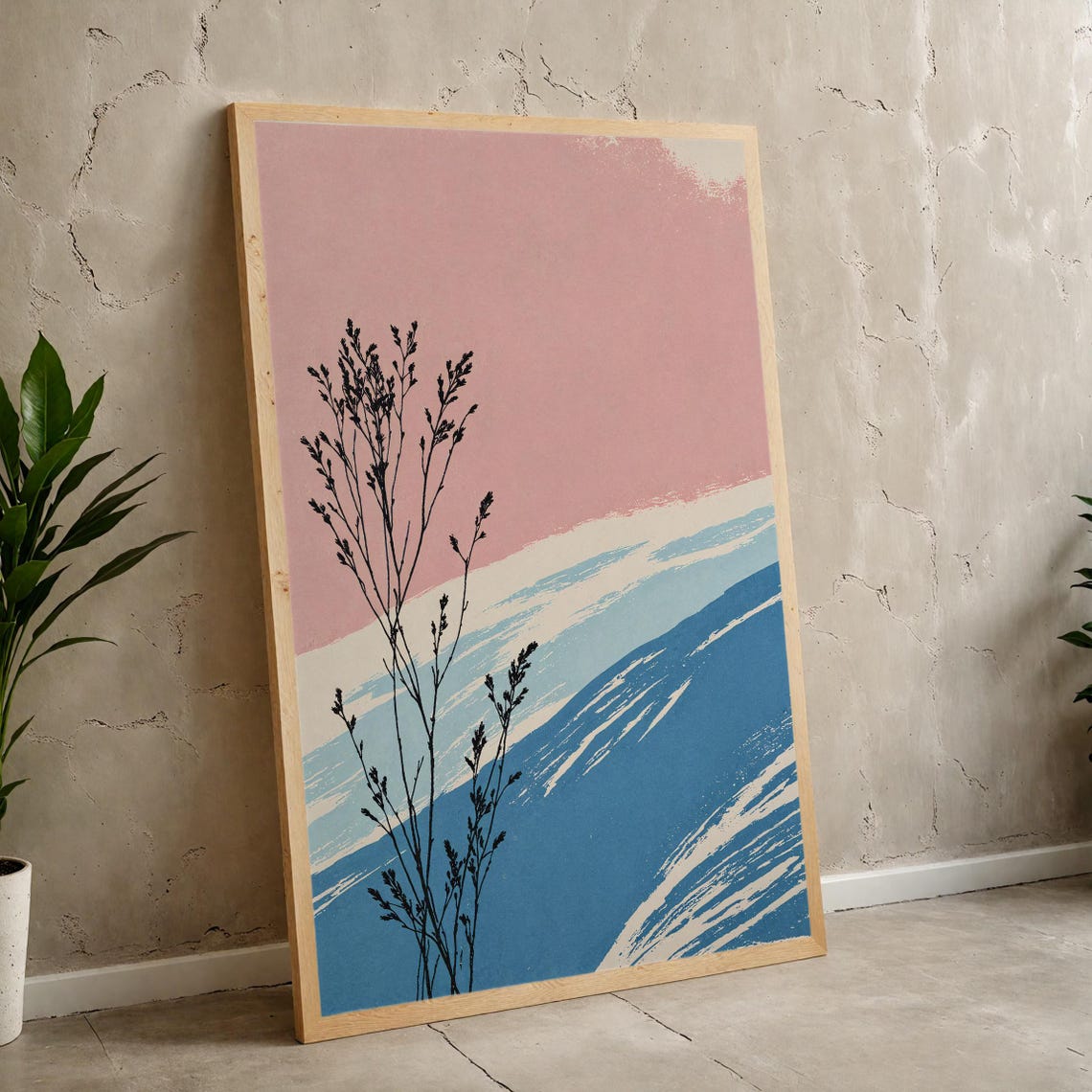 Minimalist Pink Blue Abstract Landscape Grass Brush Art Poster