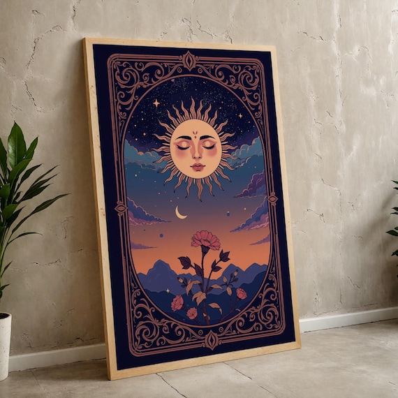 Mystical Sun Tarot Face Floral Mountain Night Sky Celestial Poster