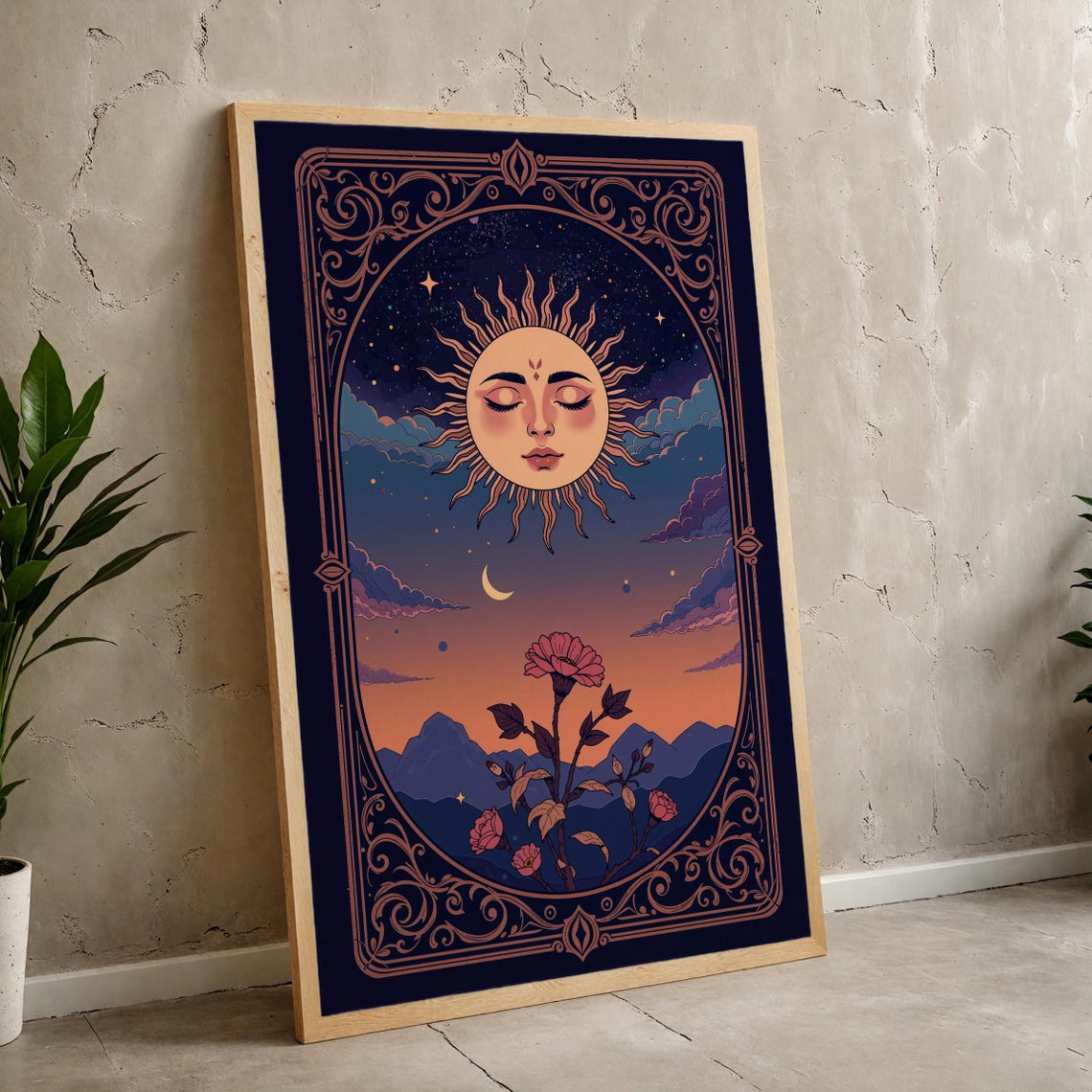 Mystical Sun Tarot Face Floral Mountain Night Sky Celestial Poster