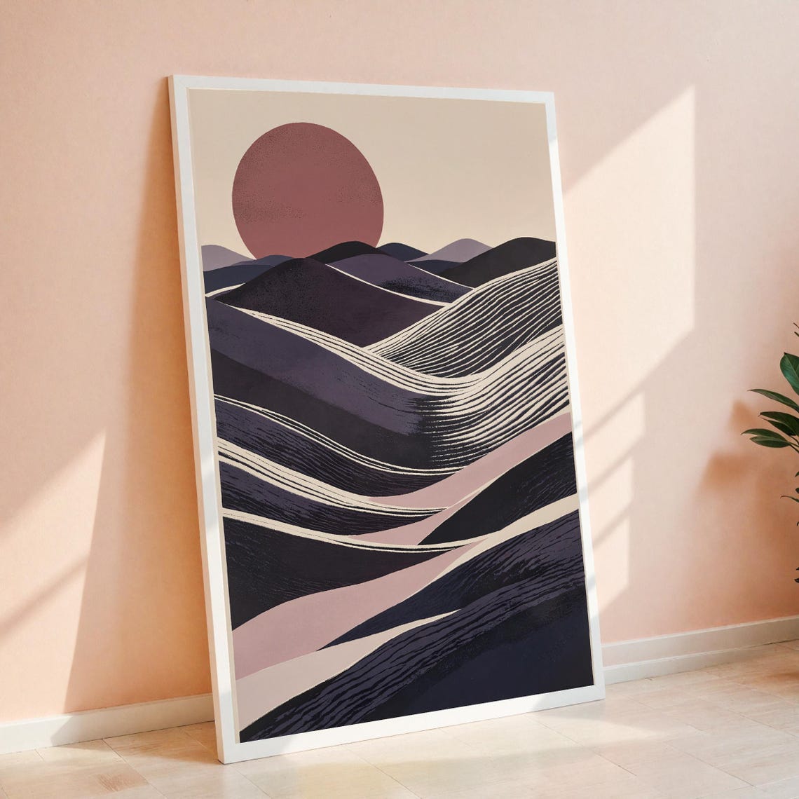 Abstract Red Sun Mountain Waves Minimalist Modern Art Poster