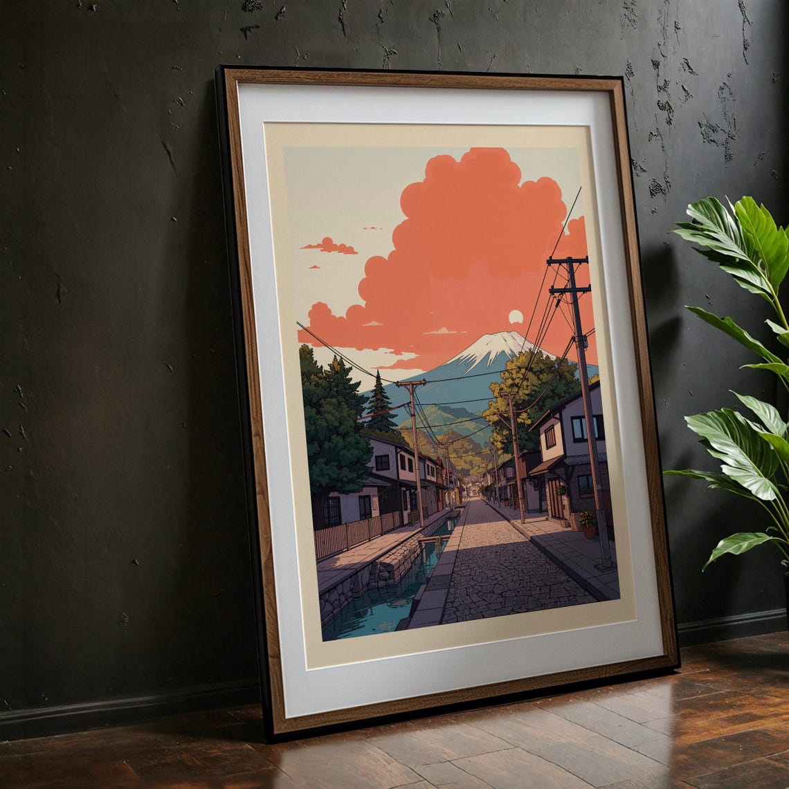 Japanese Street At Sunset Mount Fuji Anime Style Travel Poster