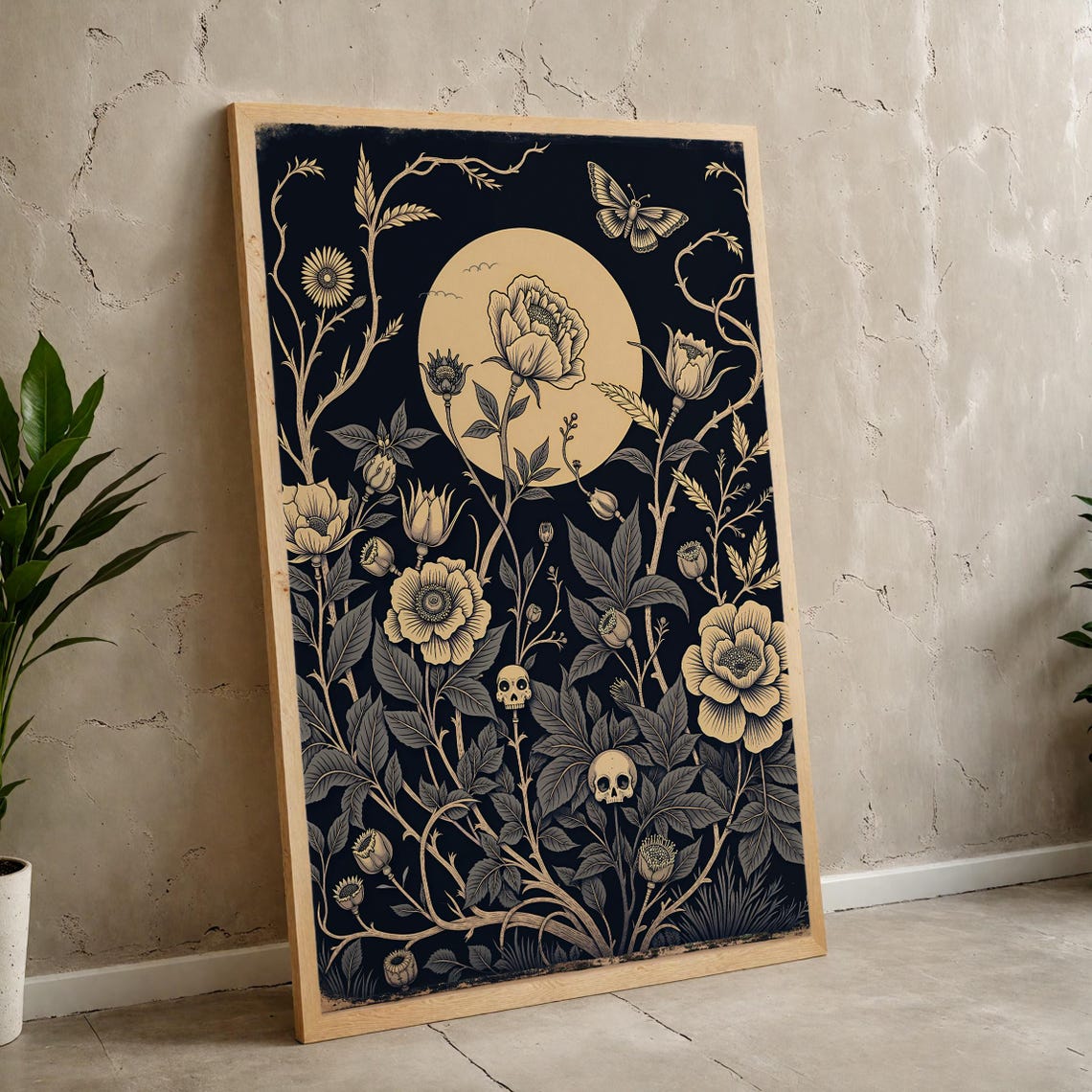 Dark Botanical Moonlit Floral Moth And Skull Gothic Wall Poster