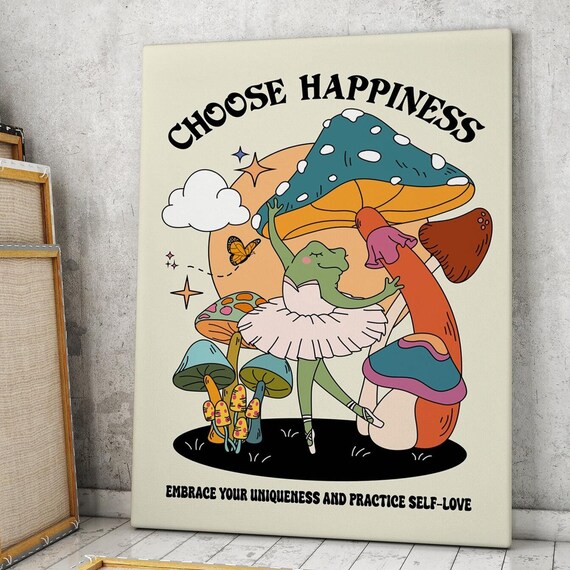 Choose Happiness Groovy Poster, Retro Quote Art Print