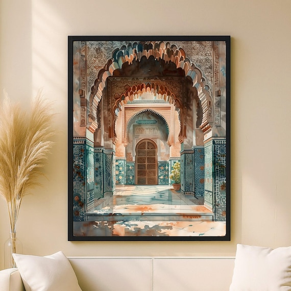 Moroccan Moorish Arches Courtyard Watercolor Architecture Art Poster