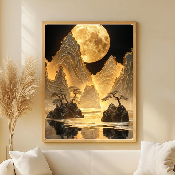Golden Moon Landscape Print Mystical Asian Mountain Art Zen Wall Decor