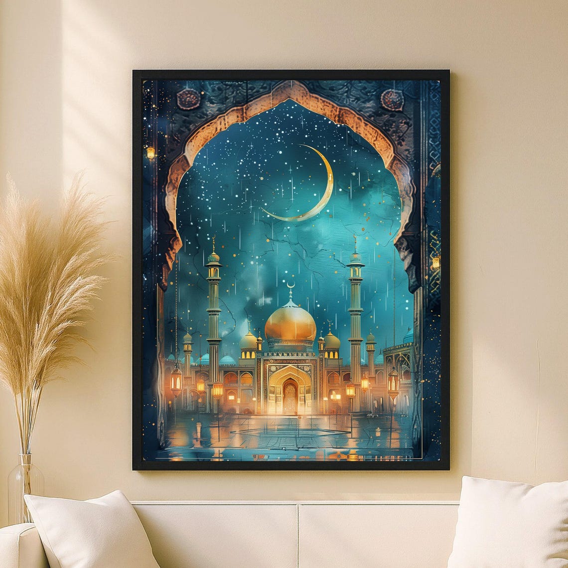 Golden Mosque Under a Crescent Moon on a Starry Night Art Poster
