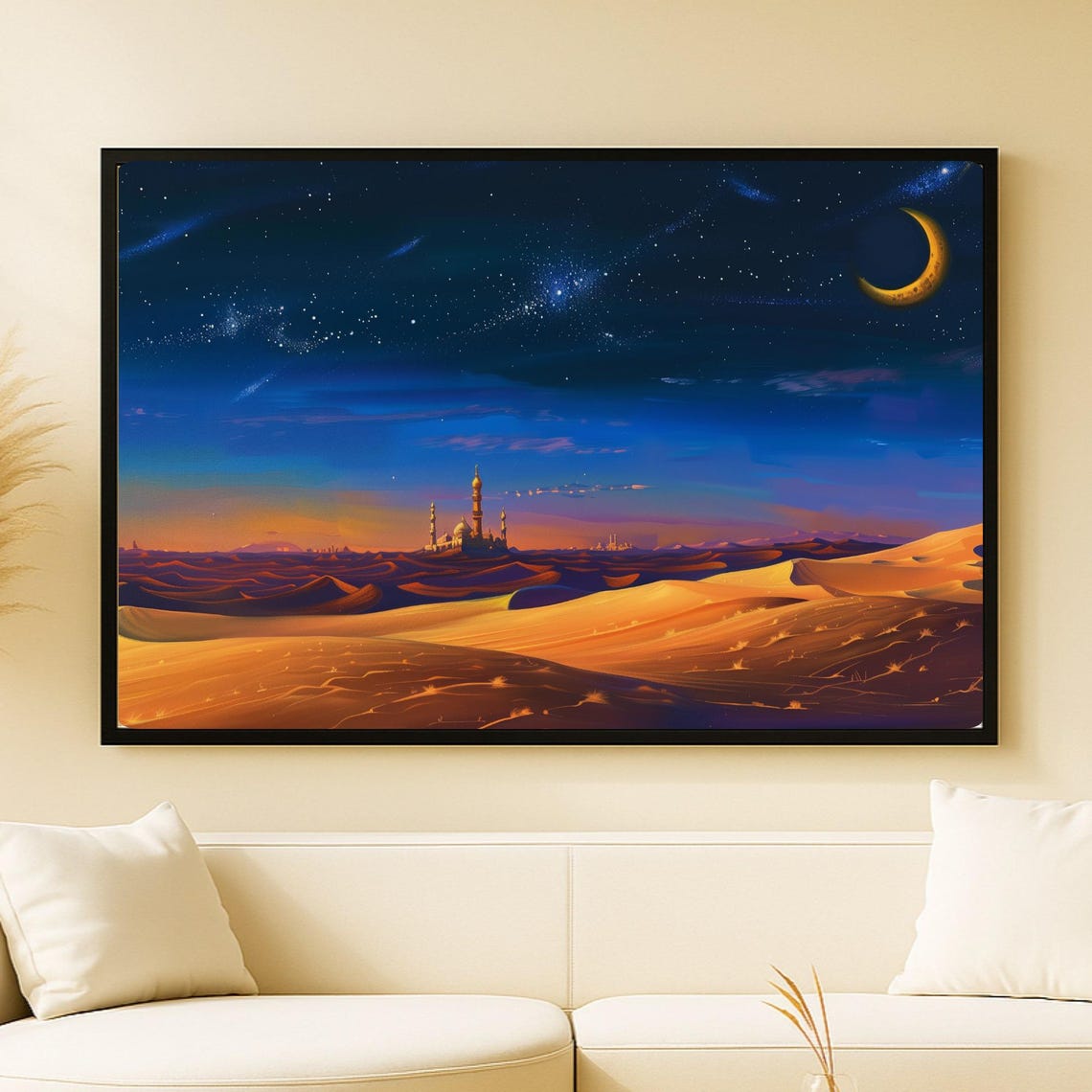 Golden Desert Under A Crescent Moon Contemporary Islamic Night Landscape Art