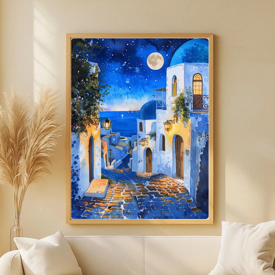 Mediterranean Village Under The Moon, Watercolor Poster